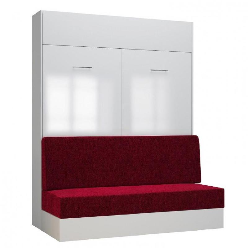 Armoire lit escamotable Dynamo Sofa - Façade blanc brillant effet miroir - Canapé 3 places rouge - Couchage 160x200 cm_0