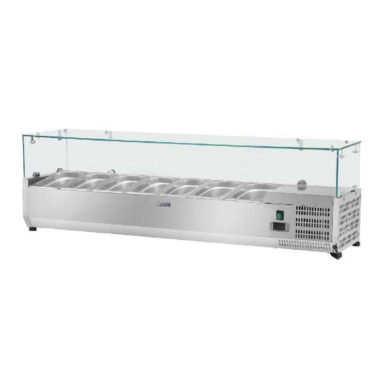SALADETTE À POSER TABLE COMPTOIR ACIER INOXYDABLE 160 X 33 CM 8 BACS GN 1/4 COUVERCLE EN VERRE 14_0003296_0