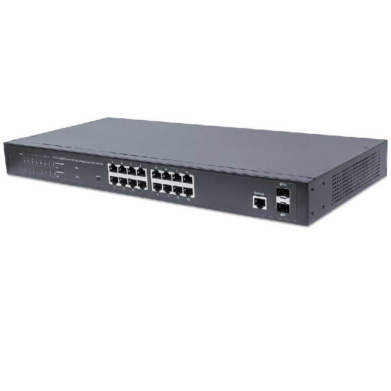 Switch PoE+ 16 ports Gigabit Ethernet géré par le Web avec 2 ports SFP - 374W PoE - Montage en rack - Bravour®_0