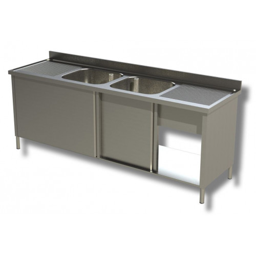 MEUBLE PLONGE INOX 2 BACS 500 X 500 X 300 MM ET 2 ÉGOUTTOIRS - 700 X 2000 MM