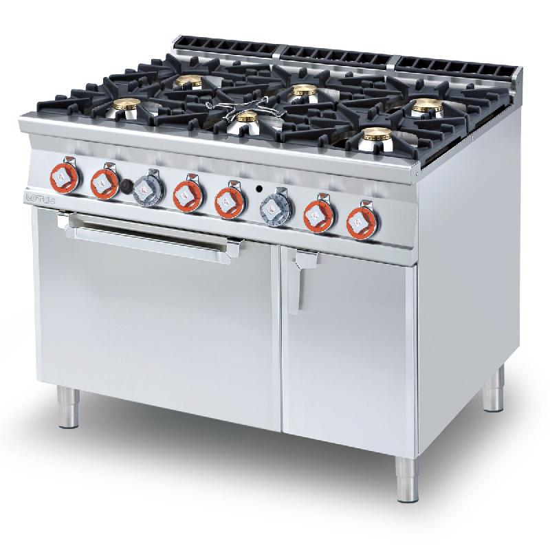 Cuisinière à gaz à 6 feux avec four électrique ventilé GN1/1 et veilleuse. Structure en acier inoxydable. Dimensions 120x90 h90 cm. Modèle CFV6-_0