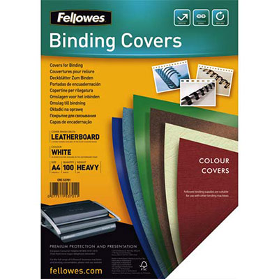 PLATS DE COUVERTURES CHROMOLUX FELLOWES - A4 - EN CARTON EFFET GRAIN CUIR - 250G/M2 - BOÎTE DE 100 - BLANC