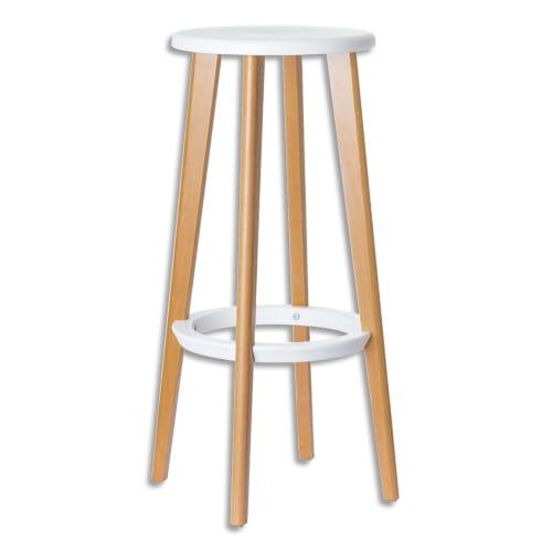 Paperflow - Lot de 2 tabourets hauts Woody - Assise en ABS blanc - Piètement hêtre massif vernis - D33 x H76 cm - Éco-responsable_0