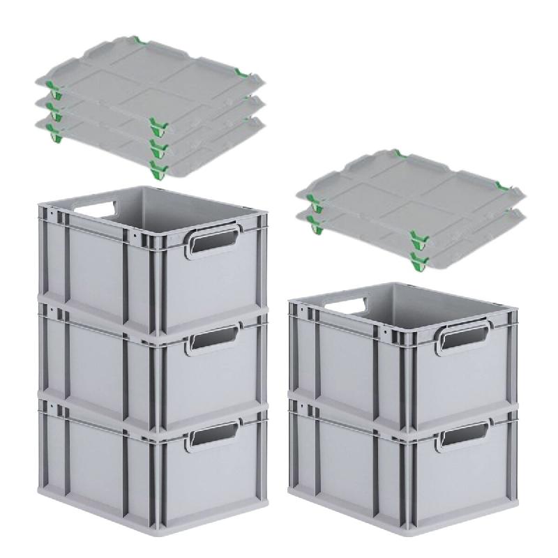 PROREGAL 5x Bac Euro NextGen Economy avec couvercle d'appui et 4 fermetures à glissière vertes poignées ouvertes 22x30x40cm 20L - noir plastique RM_0