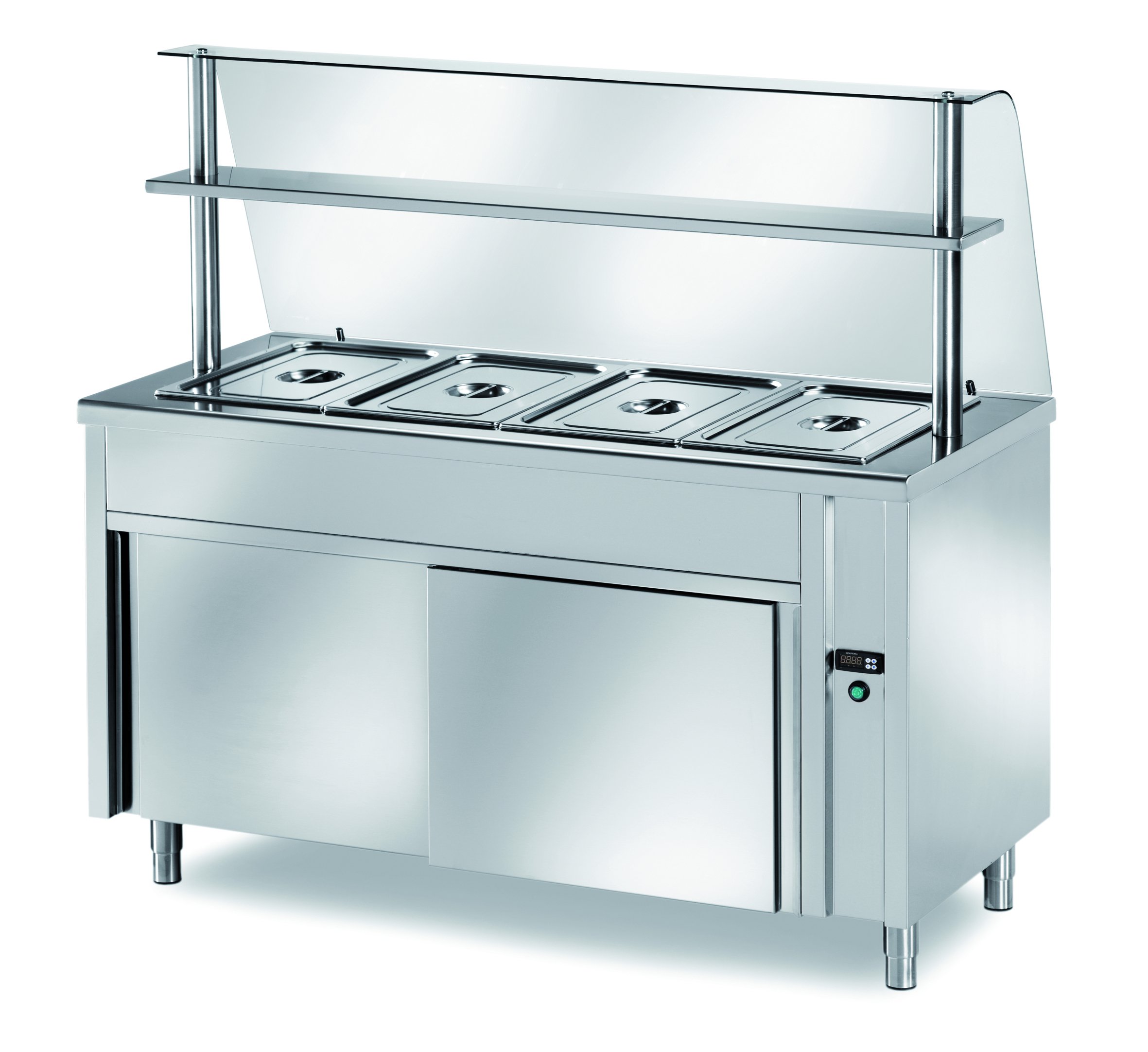TABLE CHAUFFANTE DE DISTRIBUTION PROFI NEUTRE AVEC PORTES COULISSANTES ET STRUCTURE EN VERRE 1200X700X1400 – 3X GN 1/1