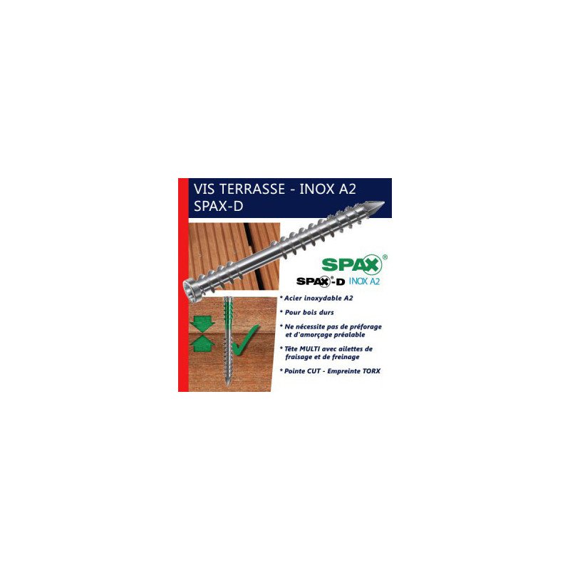 BOÎTE DE 500 VIS TERRASSE TÊTE CYLINDRIQUE INOX A2 5X50MM  - SPAX - 0537000500505