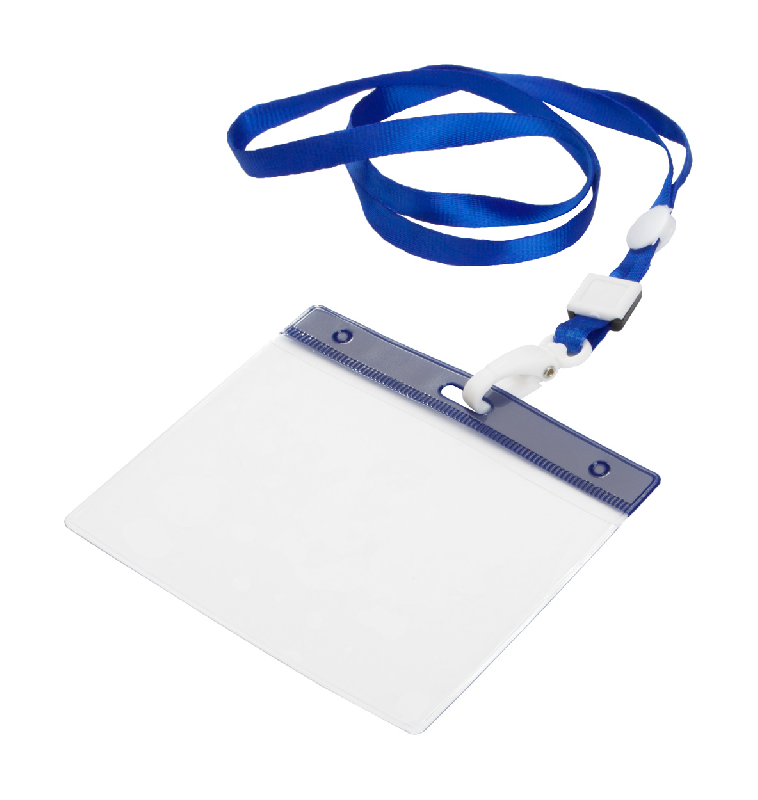 Tour de cou en polyester - avec mousqueton plastique et pochette badge en PVC - couleur bleu - poids 11.4g_0
