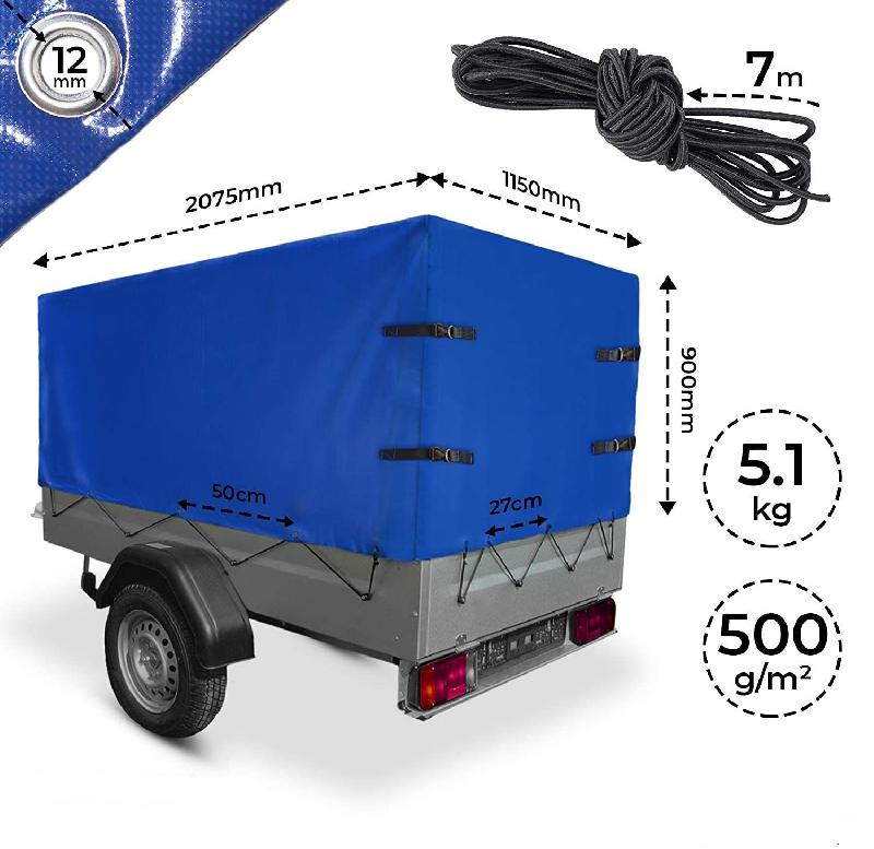 BÂCHE POUR REMORQUE 207 X 115 X 90 CM PVC 500 G M² AVEC ŒILLETS 4 SANGLES ET CORDE ÉLASTIQUE 7 M IMPERMÉABLE EN BLEU PROTECTION COUVERTURE ÉTANCHE POUR REMORQUE DE VOITURE 01_0000194_0