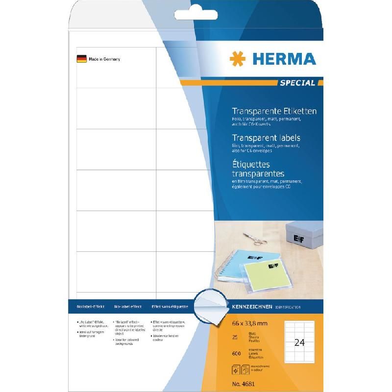 HERMA ETIQUETTES TRANSPARENTES HERMA - 66 X 33,8 MM - BOÎTE DE 600 ÉTIQUETTES