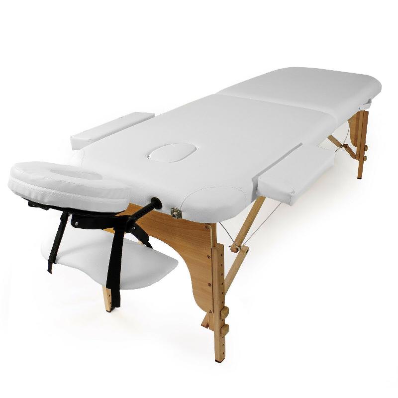 Table de massage pliante 2 zones - accoudoirs réglables - cadre en hêtre - blanc - résistante à l'huile et à l'eau_0