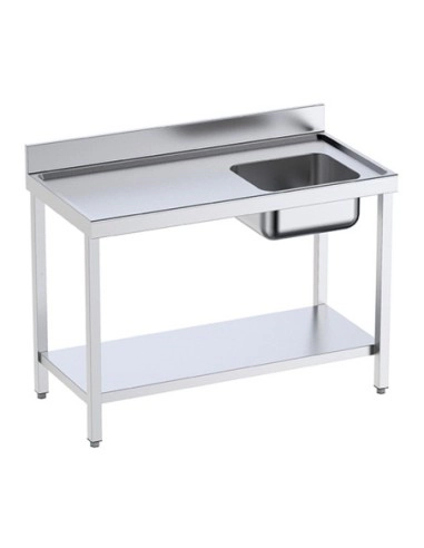 Table inox de préparation avec bords anti-ruissellement, étagère et bac à droite P 60 | Distform - QCDES6-bac A droite longueur 1200 mm - QCDES612_0