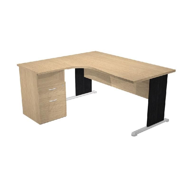 PACK PRONTO TENDANCE : 1 BUREAU COMPACT RETOUR À GAUCHE CHÊNE PIEDS NOIR + 1 CAISSON HAUTEUR BUREAU PROF. 60 CM