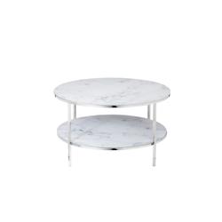 SalesFever Table basse ronde|avec 2 étagères|Plaque de verre revêtue d'une feuille d'aluminium aspect marbre|Cadre en métal|L80xP80xH45cm|blanc-ch_0