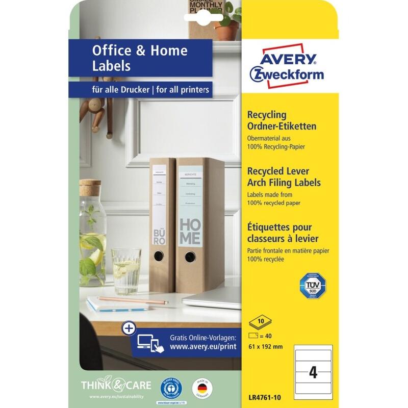 AVERY 40 étiquettes blanches recyclées pour dos de classeur, format 192 x 61 mm (10 feuilles A4 / cdt) - 4004182085080_0