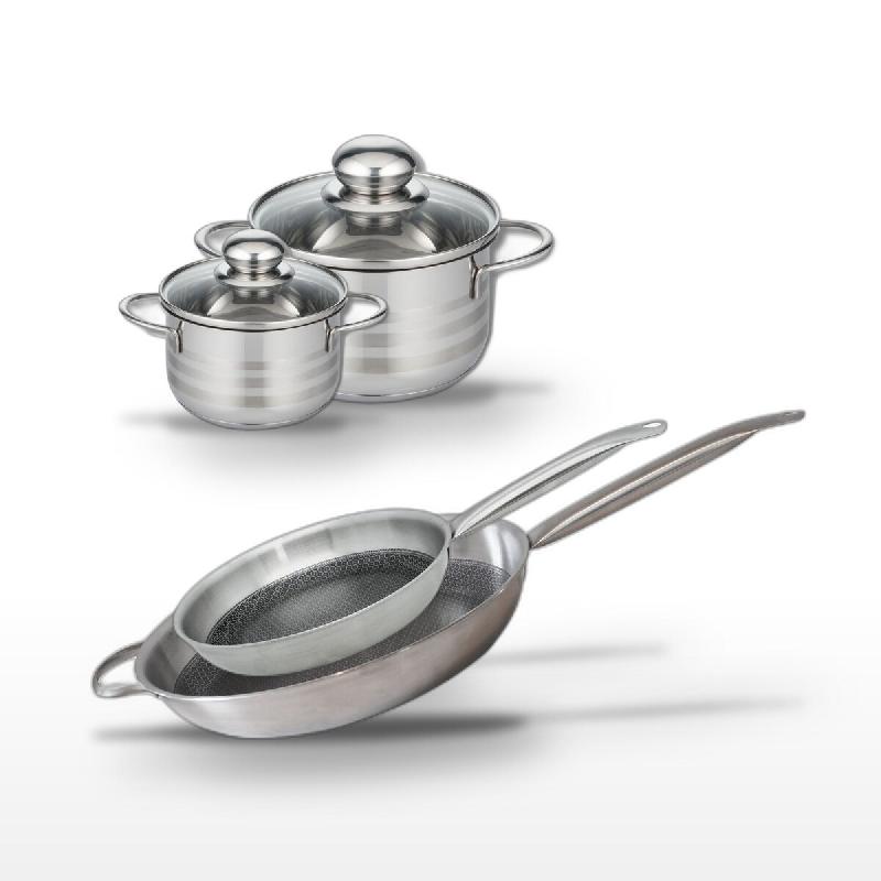 Batterie de cuisine avec 2 faitouts 12/16 cm et 2 poêles de cuisson 28/32 cm en inox et sans PFAS Elo Collection Relief Solution Brillant - gris 3176_0