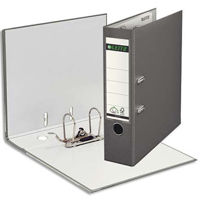 CLASSEUR A LEVIER LEITZ - 180 DEGRES - EN CARTON REMBORDE DE POLYPROPYLENE - DOS 8 CM - GRIS