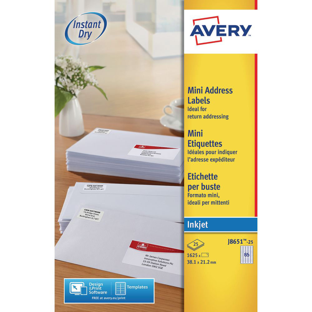 ETIQUETTES MINI-ADRESSAGE AVERY J8651 - 25 PLANCHES - JET D'ENCRE - FORMAT 3.8 X 2.1 CM