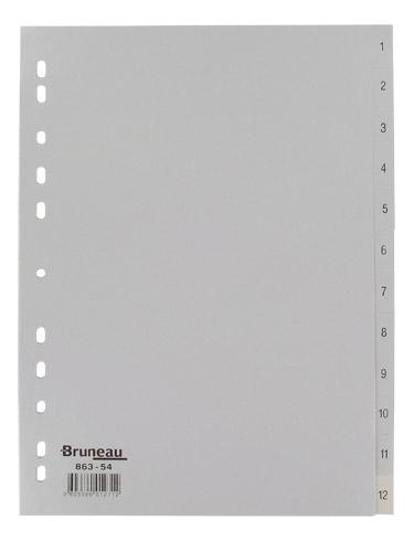 LOT DE 2 - INTERCALAIRE A4 POLYPROPYLÈNE GRIS BRUNEAU 12 ONGLETS NUMÉRIQUES GRIS - 1 JEU