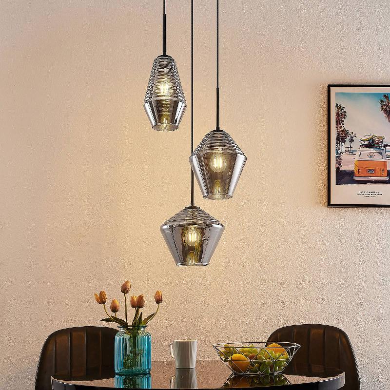 LINDBY EKKIS SUSPENSION, 3 LAMPES, RONDE, GRIS FUMÉ