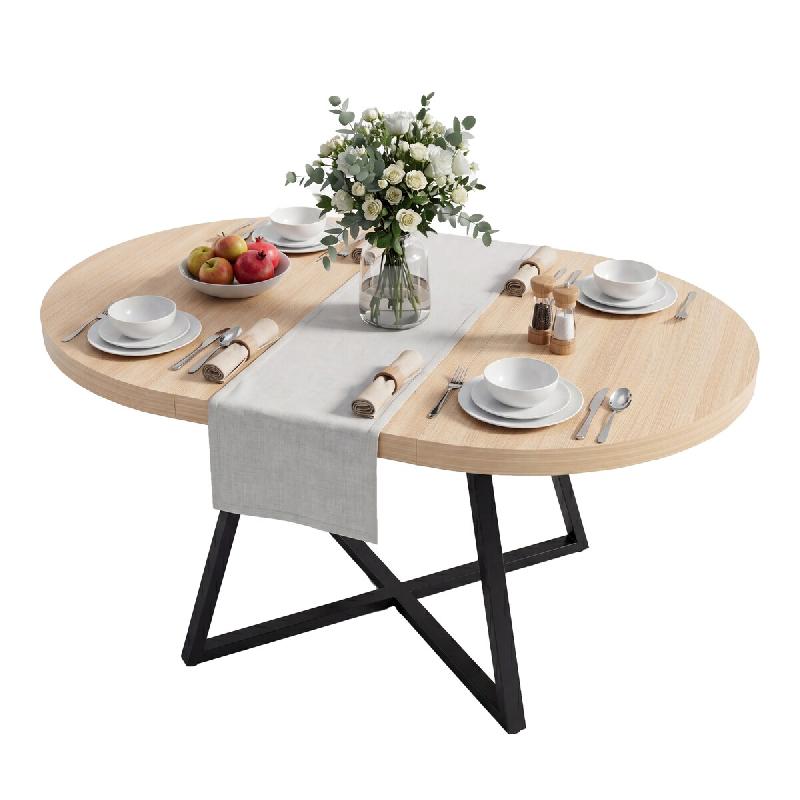 Merax Table à manger extensible 100-140x100 cm, table ronde effet chêne pour 4-6 personnes, plateau 3 cm et structure métal - multi-matériau N634P_0