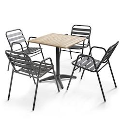 Oviala Business Ensemble de terrasse table et 4 chaises aluminium et bois - marron Bois massif 105068_0