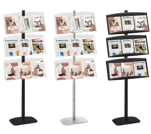 Présentoir vitrine presse - H 177 cm - Noir - 3 étagères plexiglass - Réf : 214173NR_0