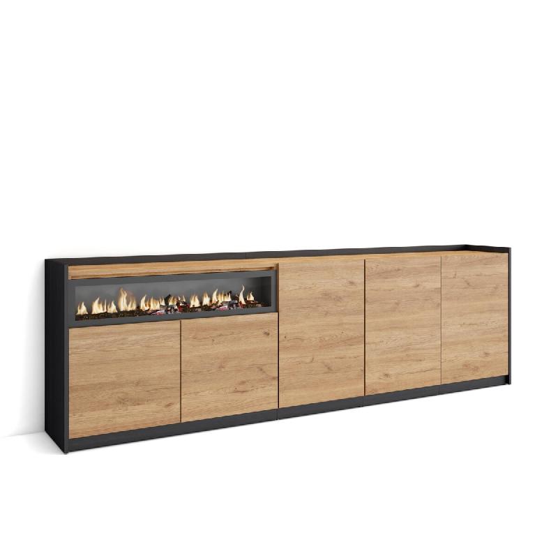 SKRAUT HOME Buffet salon et cuisine, 260x80x37 cm, 5 Portes, Cheminée électrique, Chêne et noir - beige Bois manufacturé 707_3_0