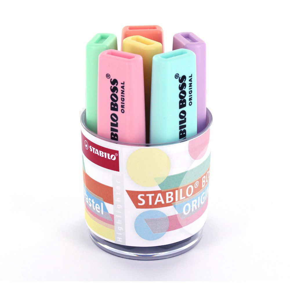 SURLIGNEURS STABILO BOSS - POINTE BISEAUTEE - POT DE 6 : COLORIS PASTEL JAUNE,VERT,ORANGE,VIOLET,ROSE,TURQUOISE