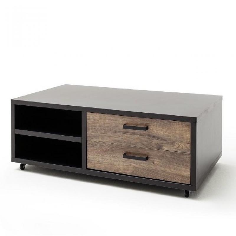 Table basse HALTON 115x45 - décor chêne barrique vieilli et gris cosmos mat - style industriel avec roulettes_0