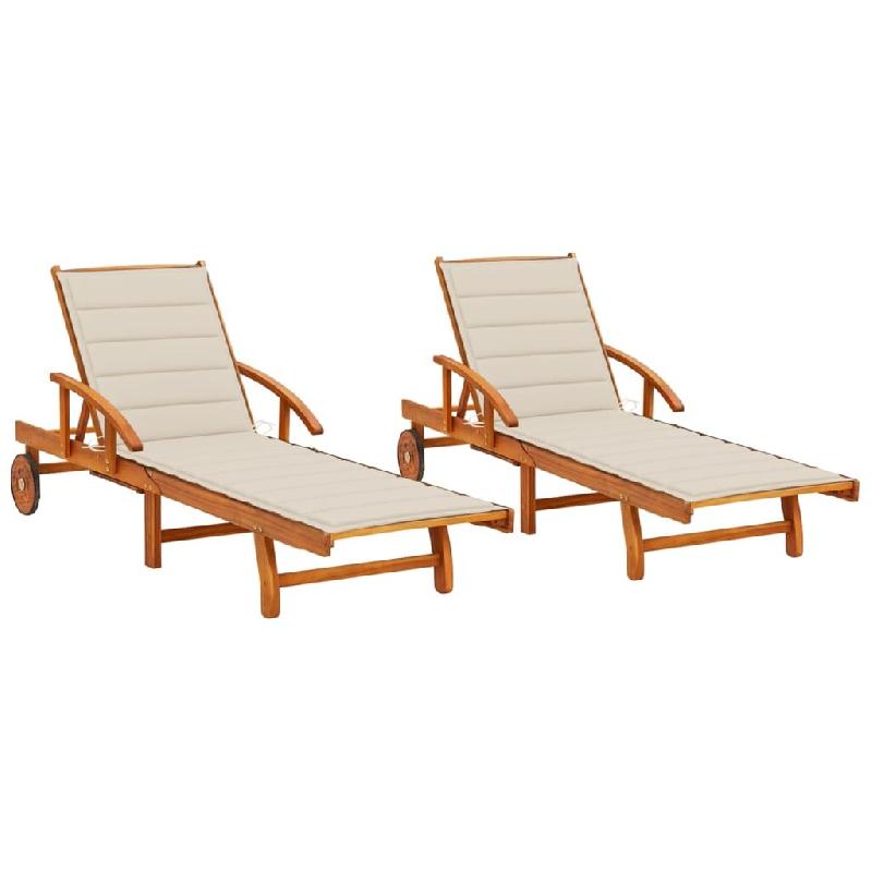 VidaXL Chaises Longues Lot De 2 Avec Coussins Bois D Acacia Solide - beige 3077333_0