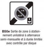 Panneau routier - Type B50e - Sortie de zone à stationnement unilatéral avec alternance semi-mensuelle et contrôle par disque_0