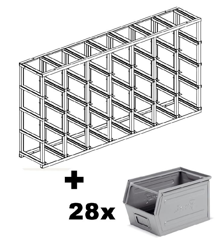 Rack de rangement 28 postes avec bacs métalliques vernis 12.5 litres_0