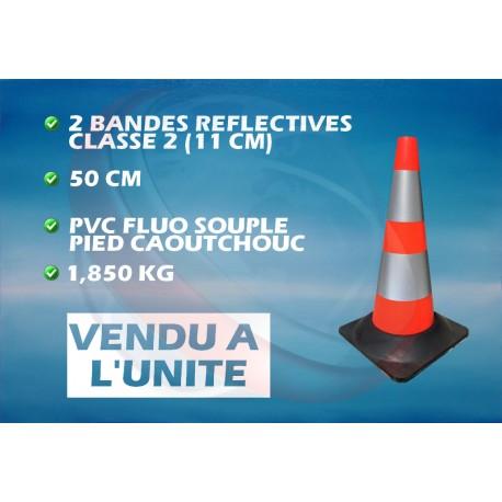 Cone pvc 50 cm orange fluo pied caoutchouc 2 bandes reflectives_0