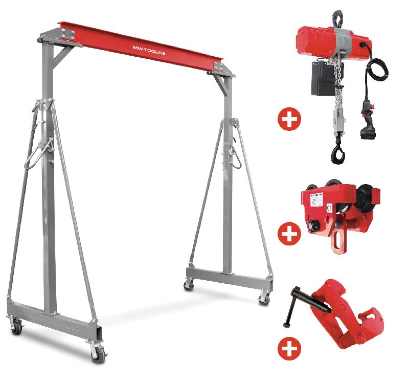 Grue à portique 1 t + palan électrique à chaîne sur batterie 36 V avec chariot et pince à poutre MW Tools PTLK1-SETKTB_0