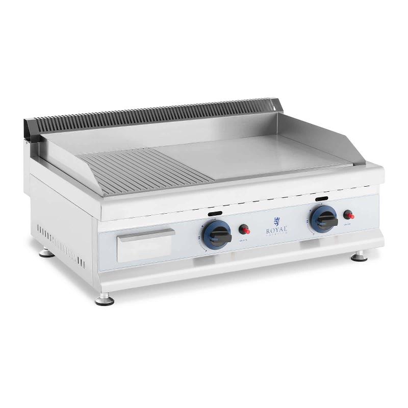 Plancha à gaz naturel en inox - Grill professionnel 75 cm avec 2 zones de cuisson (74,5 x 40 cm) - 20 mbar, 50-300 °C, lisse/rainurée, évacuation graisse - Réf. 14_0004035_0