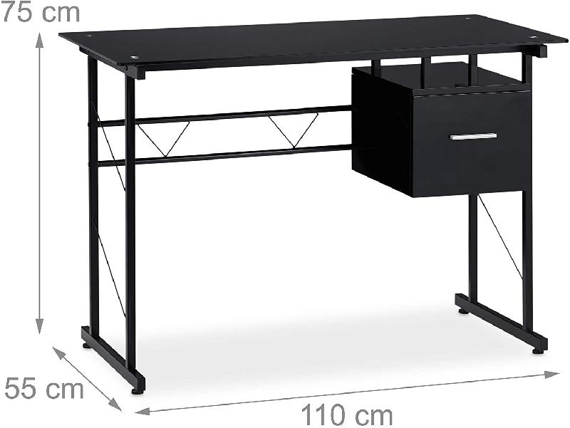 BUREAU MODERNE AVEC PLAQUE DE VERRE TIROIR LATÉRAL POUR CHAMBRE D’ADO 110 CM NOIR 13_0000560_2_0