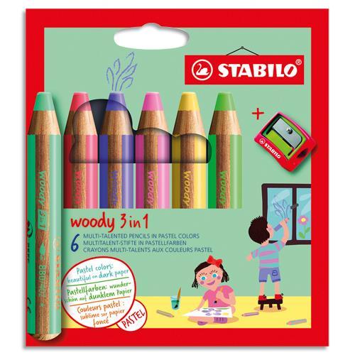 CRAYON DE COULEUR STABILO WOODY 3IN1  - ETUI CARTON DE 6 CRAYONS + TAILLE-CRAYON - COLORIS PASTEL