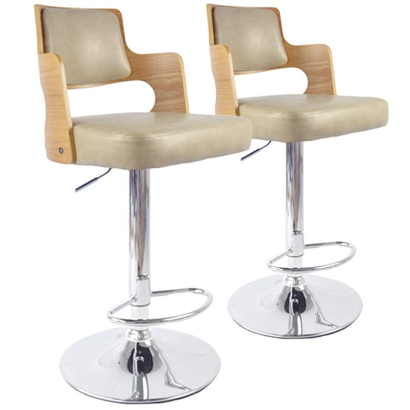 Lot de 2 chaises de bar Paddington - 110 cm - Chêne clair & crème - Design contemporain - Bois, P.U. et inox_0