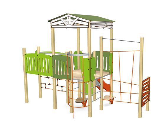3760 - Structure pour aire de jeux Transalp - Maison haute avec grande toiture, toboggan et équipements ludiques_0