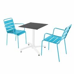 Oviala Business Ensemble table de terrasse stratifié noir et 2 fauteuils bleu - Oviala - bleu métal 110763_0