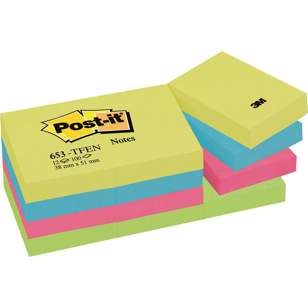 NOTES POST-IT COLORIS ASSORTIS ENERGIE - 38 X 51 MM DE 100 FEUILLES - LOT DE 12
