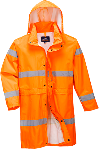 Manteau de pluie haute visibilité 100 cm orange H442 - bandes réfléchissantes, capuche détachable et normes EN ISO 20471_0