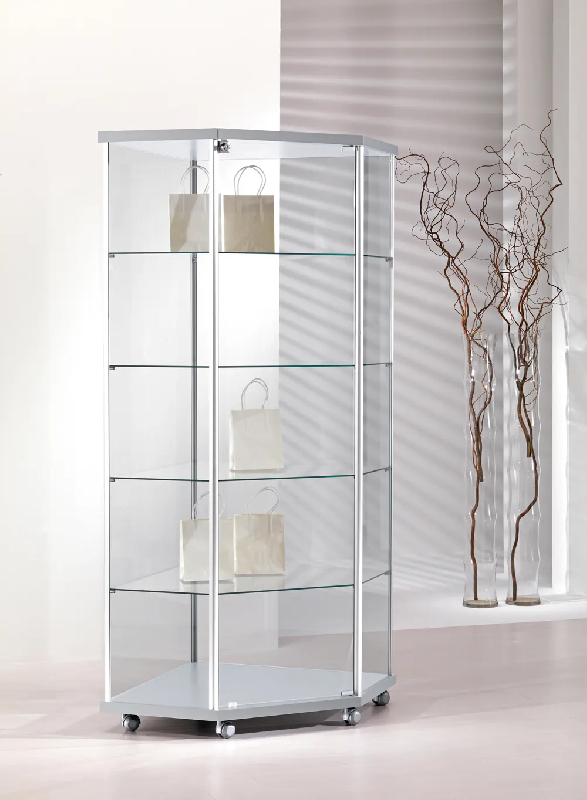Vitrine d'exposition d'angle 70-AVA - gris clair - verre trempé avec serrure et 4 tablettes amovibles_0