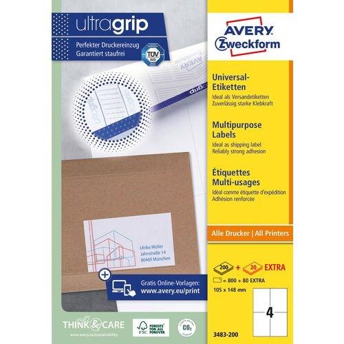 Avery Zweckform 800 étiquettes multi-usages blanches, format 105 x 148 mm (200 feuilles A4 / cdt) - blanc 3483-200_0