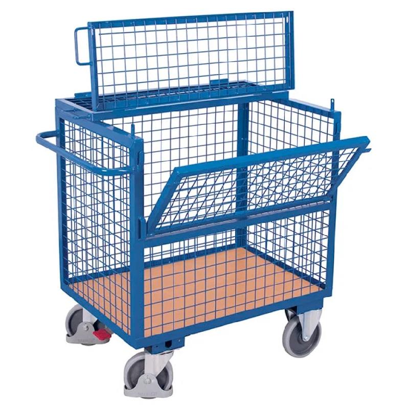 Chariot caisse grillagé avec couvercle - parois métalliques, plateau hêtre, capacité 500 kg_0