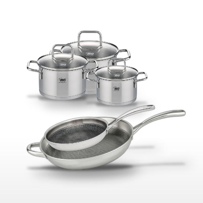 Lot Poêles 28/32cm et Faitouts 12/14/16cm Elo Relief Evolution - gris inox 3176239955781_0