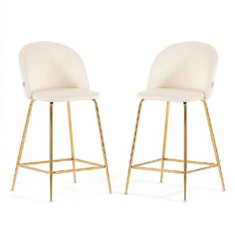 RATTATAN Lot de 2 tabourets de bar en velours avec pieds en métal,h.65cm,pour bar,restaurant et cuisine,design élégant–Sara XL–Ivoire/Or - blan_0