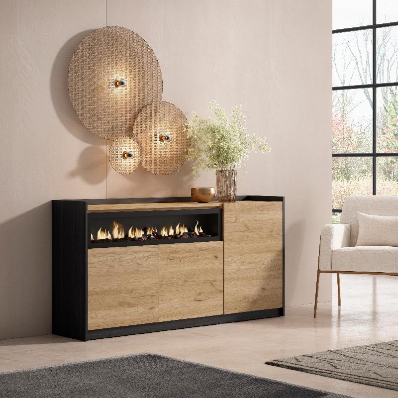 SKRAUT HOME - BUFFET SALON ET CUISINE, 156X80X37 CM, 3 PORTES, CHEMINÉE ÉLECTRIQUE, CHÊNE ET NOIR