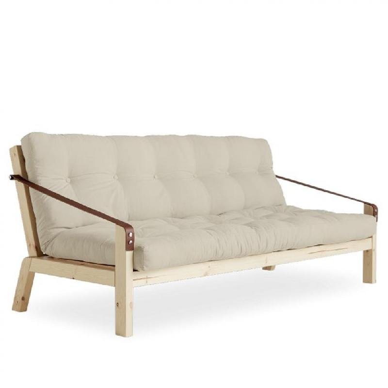 Banquette futon Poetry en pin massif - coloris beige - couchage 130 x 190 cm - avec accoudoirs en cuir - design scandinave_0