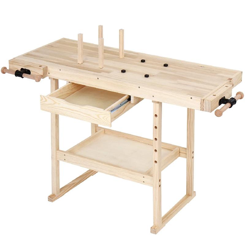 ÉTABLI D\'ATELIER EN BOIS DE PIN AVEC TIROIR ET ÉTAGÈRE CHARGE MAX 200 KG 127 CM BANC TABLE DE TRAVAIL BRICOLAGE MENUISIER 01_0000429_0